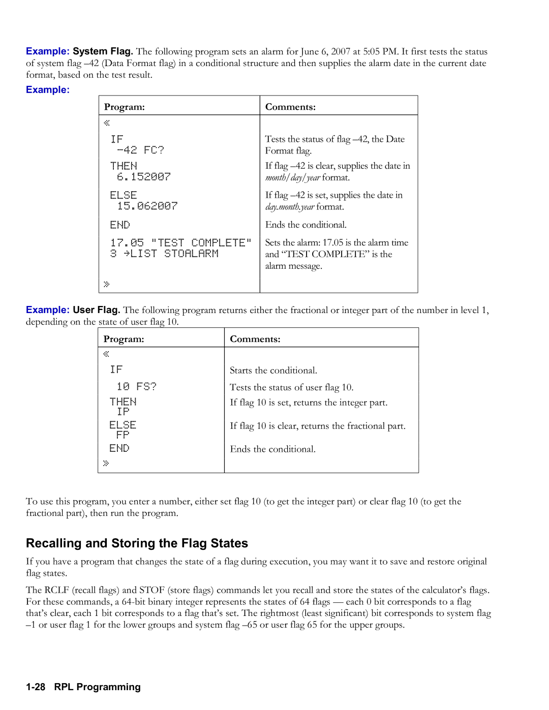 HP 50g Graphing manual Recalling and Storing the Flag States, Example, Month/day/year format, Day.month.year format 