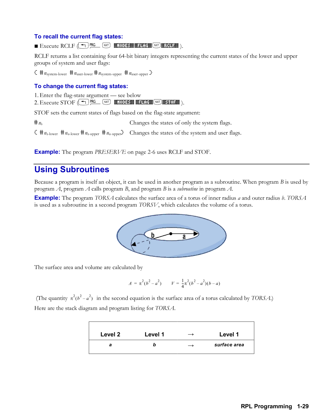 HP 48gII Graphing manual Using Subroutines, To recall the current flag states, Execute Rclf !L %MODES% %FLAG% L%RCLF% 