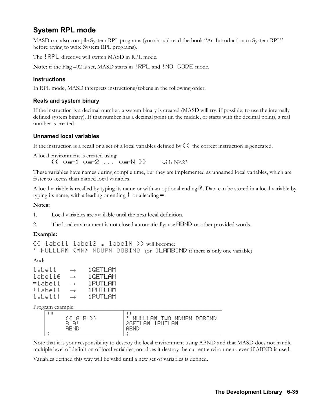 HP 48gII Graphing, 50g Graphing manual System RPL mode, Instructions, Reals and system binary, Unnamed local variables 