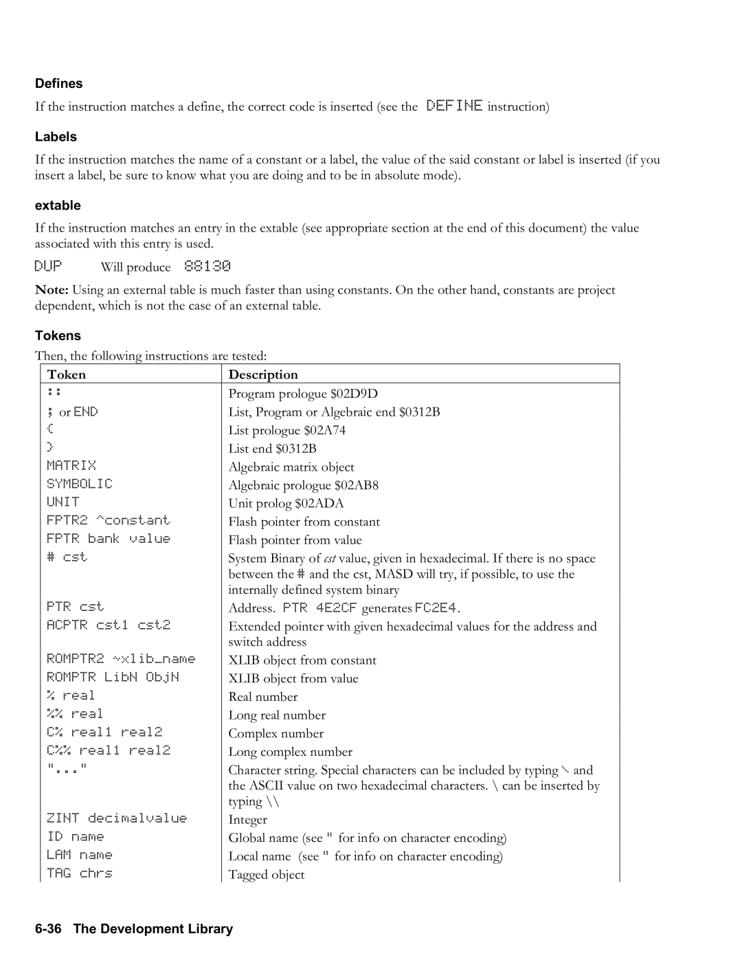 HP 50g Graphing, 48gII Graphing manual Defines, Tokens, Token Description 