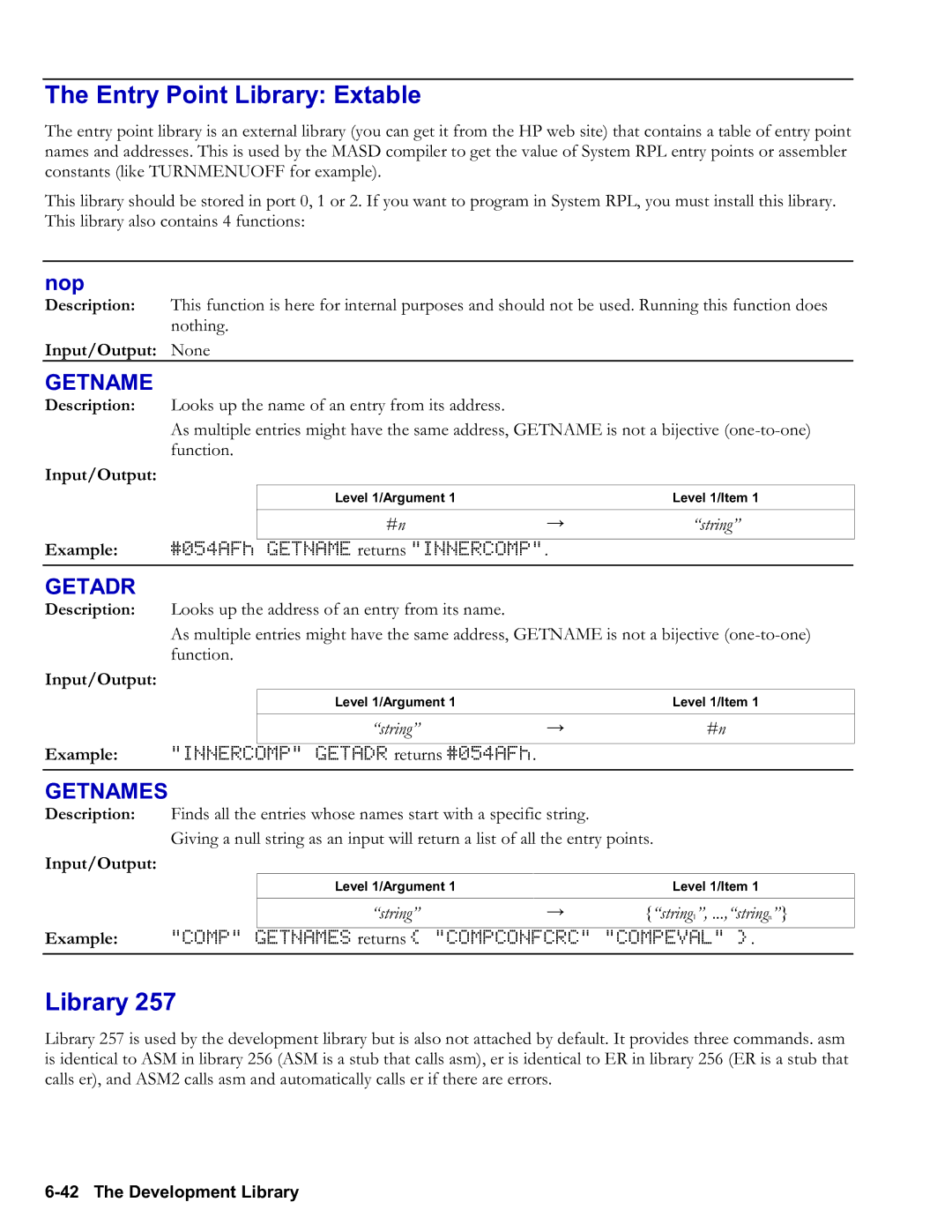 HP 50g Graphing, 48gII Graphing manual Entry Point Library Extable, Nop, String String 1, ...,string n 