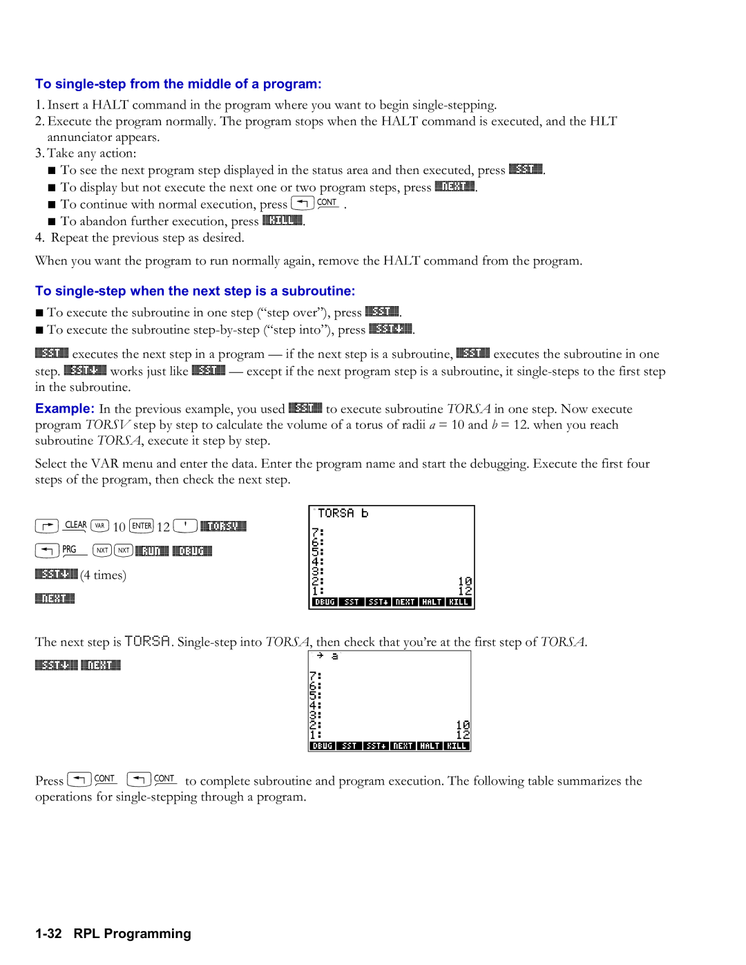 HP 50g Graphing manual To singlestep from the middle of a program, To singlestep when the next step is a subroutine 