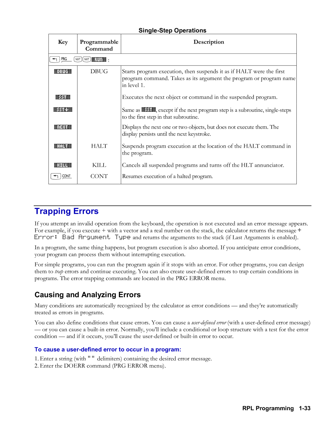 HP 48gII Graphing, 50g Graphing manual Trapping Errors, Causing and Analyzing Errors, SingleStep Operations, Ll%Run% 