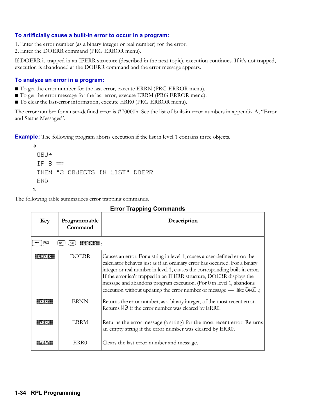 HP 50g Graphing To artificially cause a builtin error to occur in a program, To analyze an error in a program, Error% 