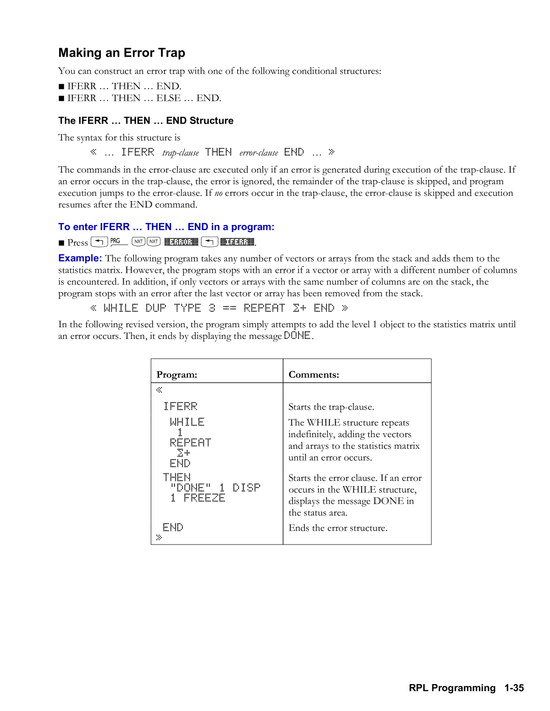 HP 48gII Graphing manual Making an Error Trap, Iferr then END Structure, « … Iferr trapclause then errorclause END … » 