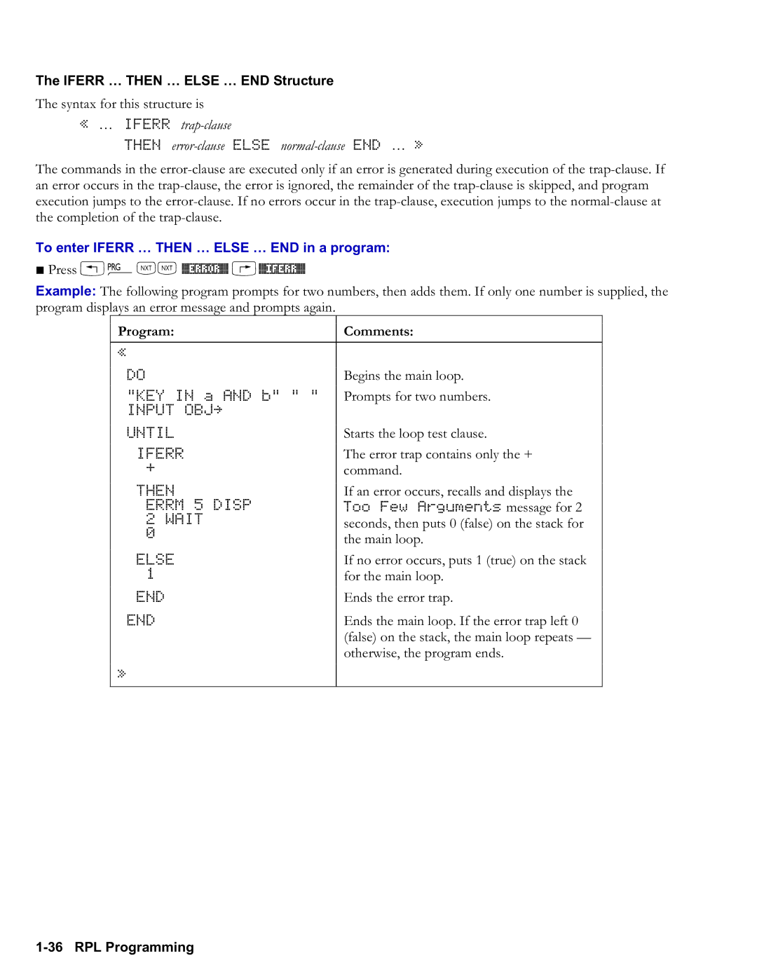 HP 50g Graphing manual Iferr then Else END Structure, To enter Iferr then Else END in a program, Press !LL %ERROR% @%IFERR% 