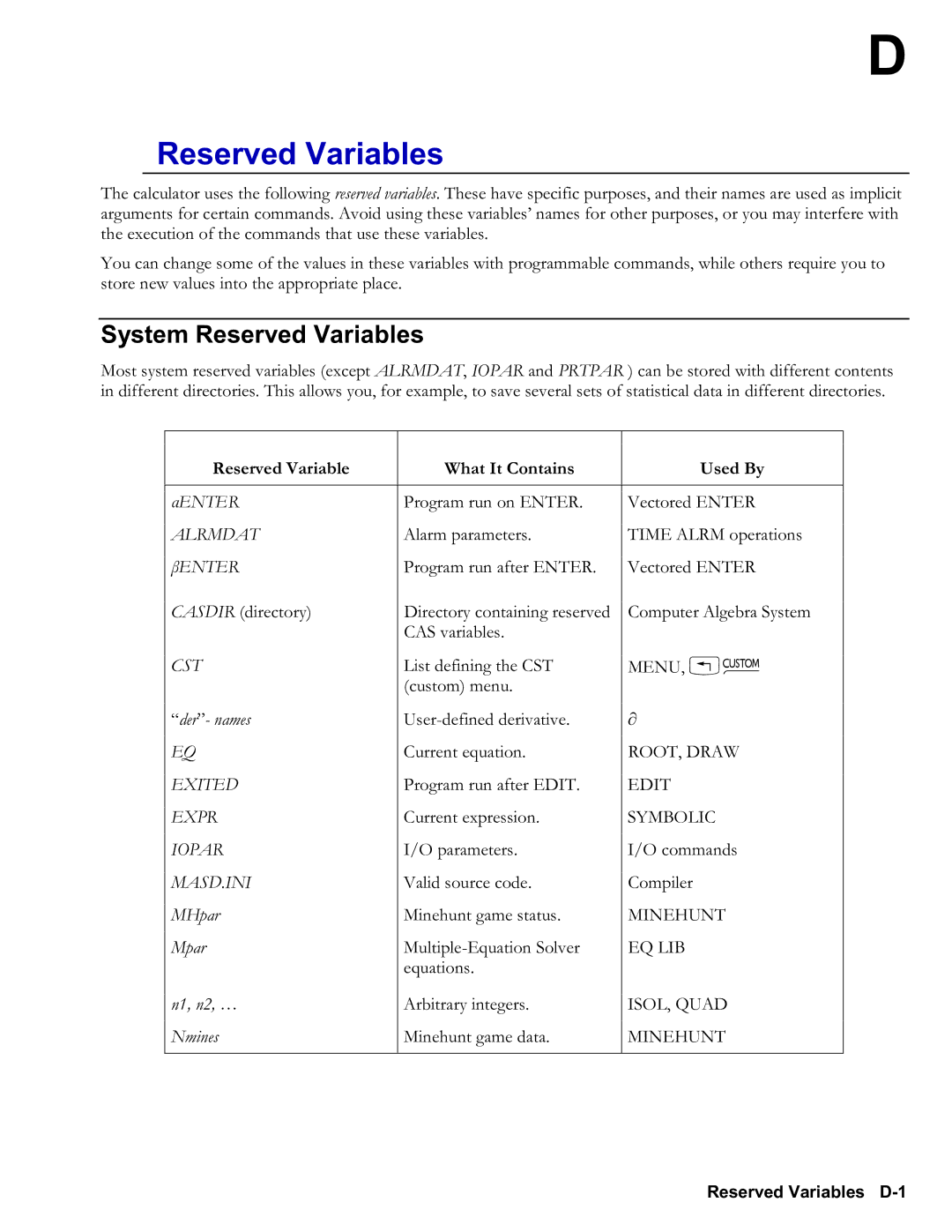 HP 48gII Graphing, 50g Graphing manual Reserved Variables D1 