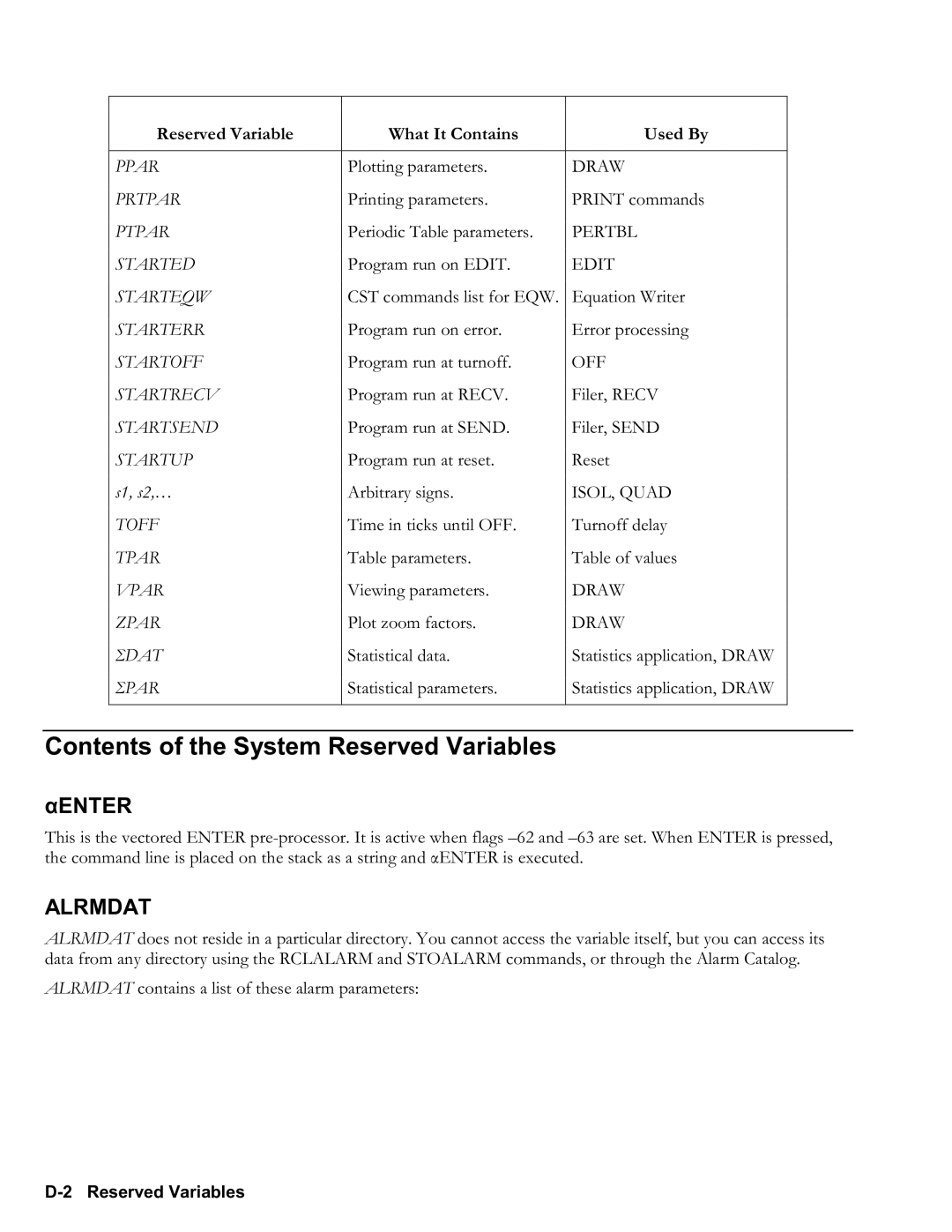 HP 50g Graphing, 48gII Graphing manual Contents of the System Reserved Variables 