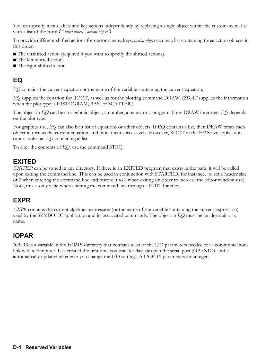 HP 50g Graphing, 48gII Graphing manual Exited, D4 Reserved Variables 