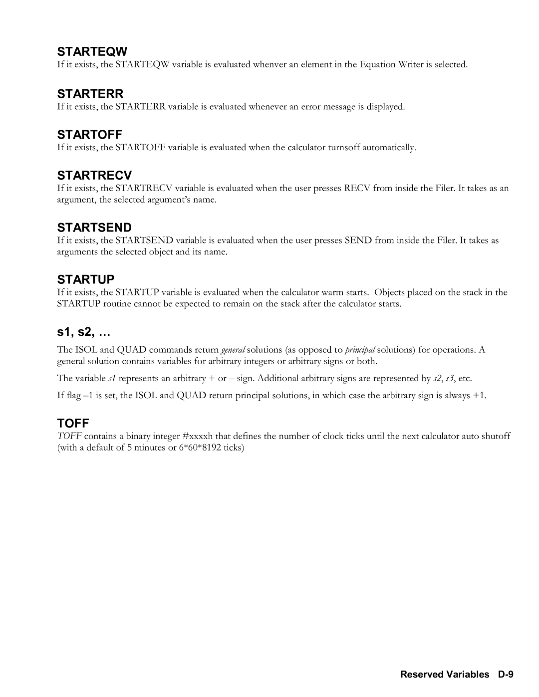 HP 48gII Graphing, 50g Graphing manual S1, s2, Reserved Variables D9 