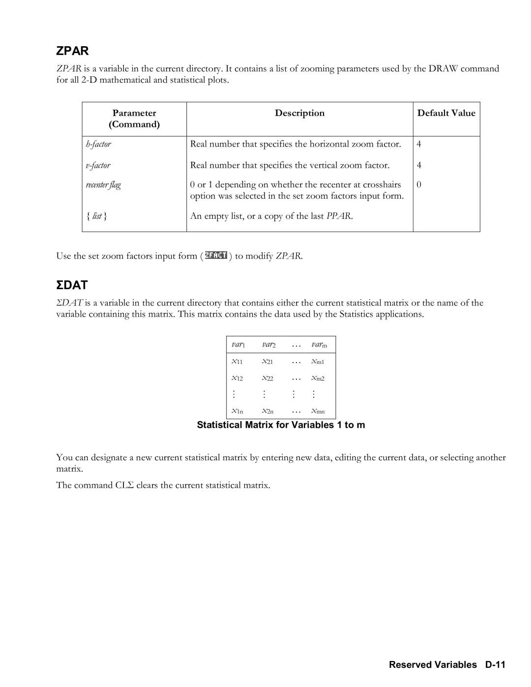 HP 48gII Graphing, 50g Graphing manual Var1 var2 … varm, Statistical Matrix for Variables 1 to m, Reserved Variables D11 