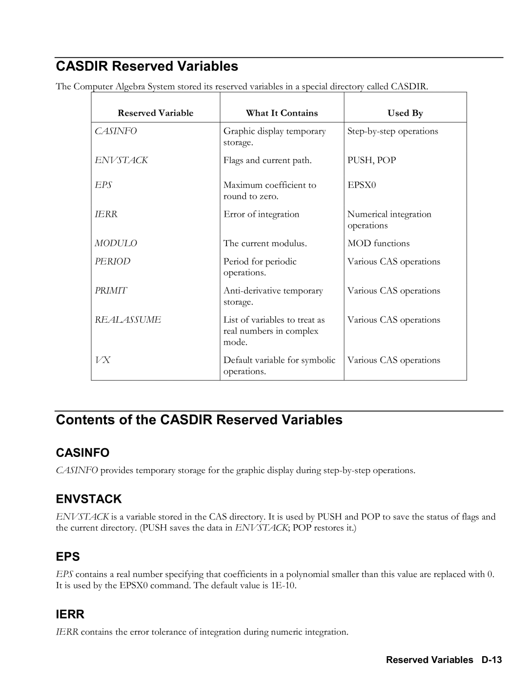 HP 48gII Graphing, 50g Graphing manual Casdir Reserved Variables 