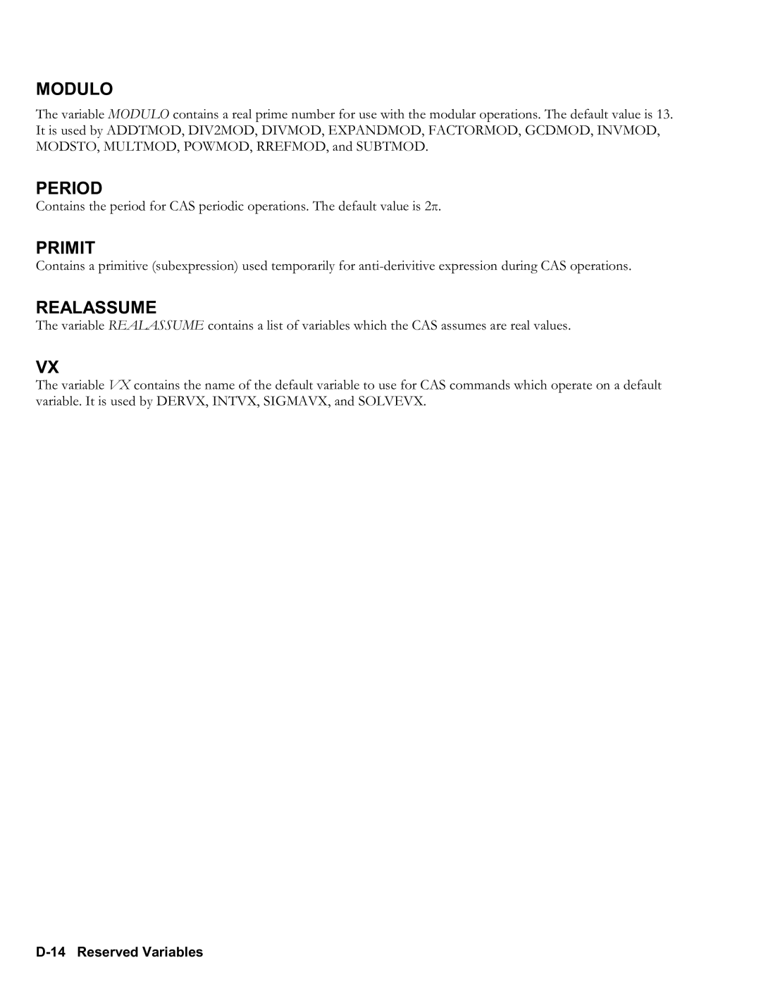 HP 50g Graphing, 48gII Graphing manual Modulo, D14 Reserved Variables 