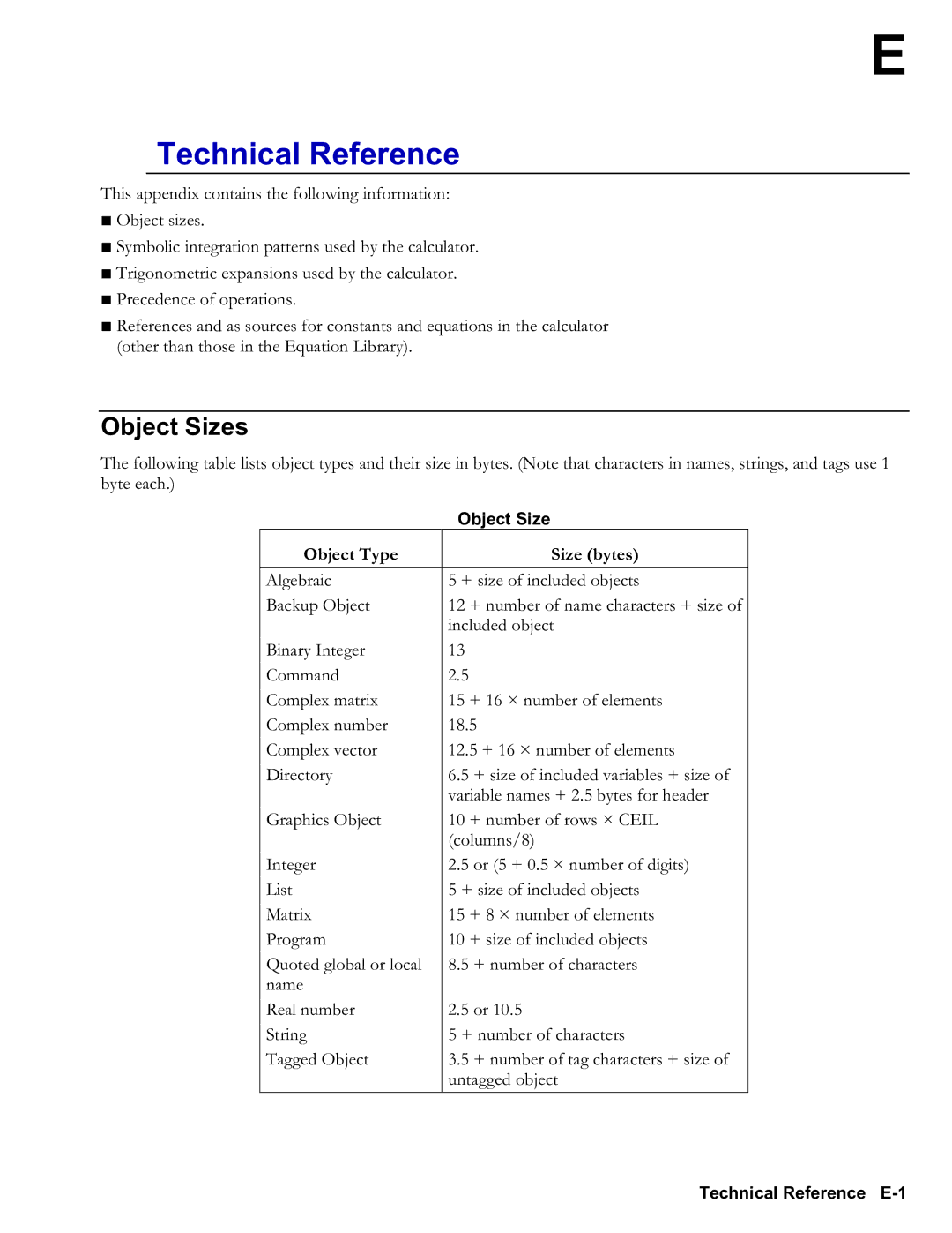 HP 48gII Graphing, 50g Graphing manual Object Size, Object Type Size bytes, Technical Reference E1 