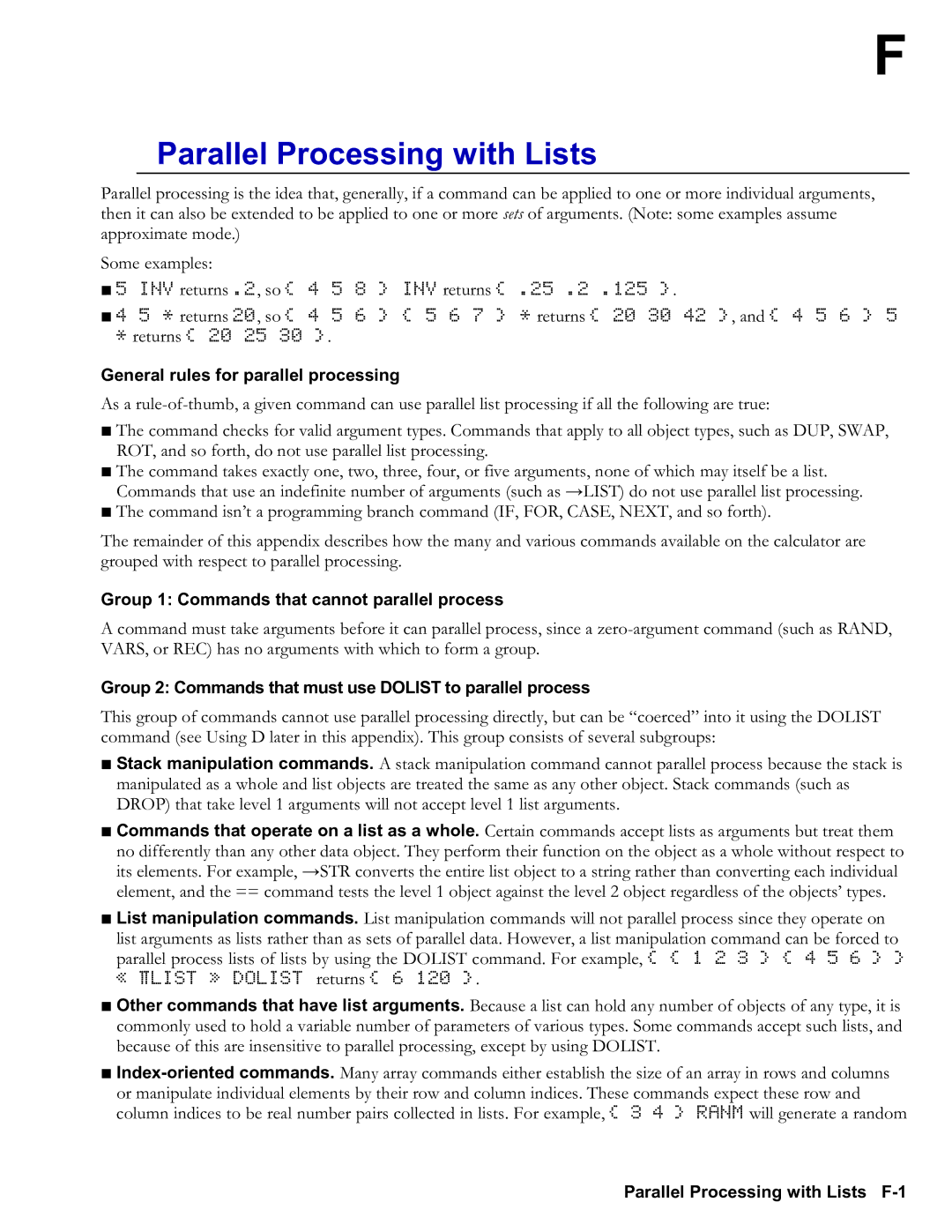 HP 48gII Graphing, 50g Graphing manual General rules for parallel processing, Group 1 Commands that cannot parallel process 