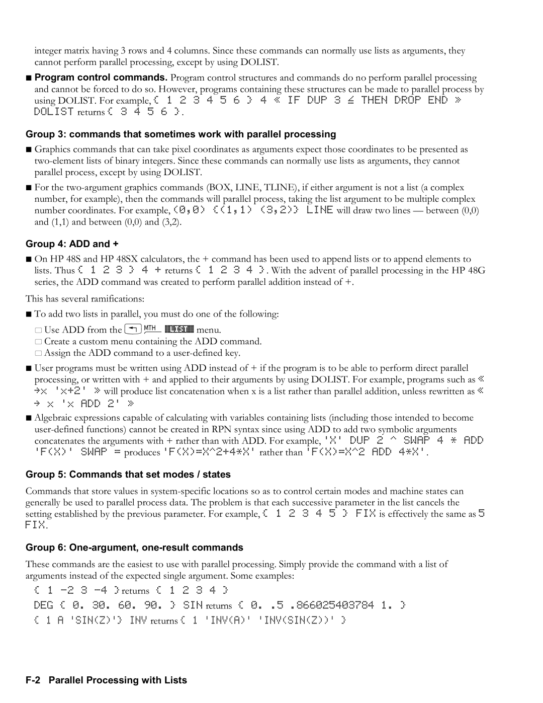 HP 50g Graphing manual Group 4 ADD and +, Group 5 Commands that set modes / states, Group 6 Oneargument, oneresult commands 