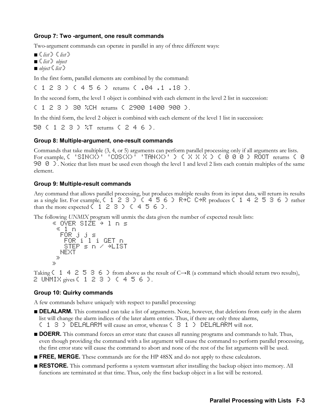 HP 48gII Graphing, 50g Graphing Group 7 Two argument, one result commands, Group 8 Multipleargument, oneresult commands 