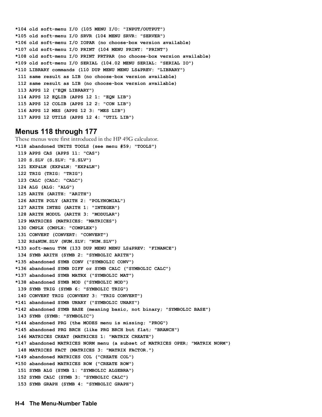 HP 50g Graphing, 48gII Graphing manual Menus 118 through, H4 The MenuNumber Table 