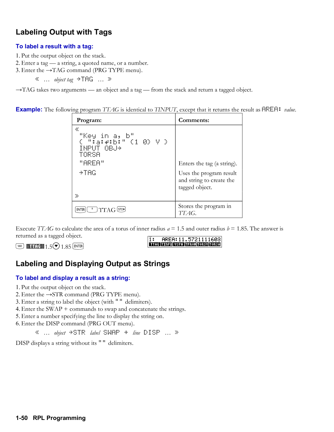 HP 50g Graphing manual Labeling Output with Tags, Labeling and Displaying Output as Strings, To label a result with a tag 