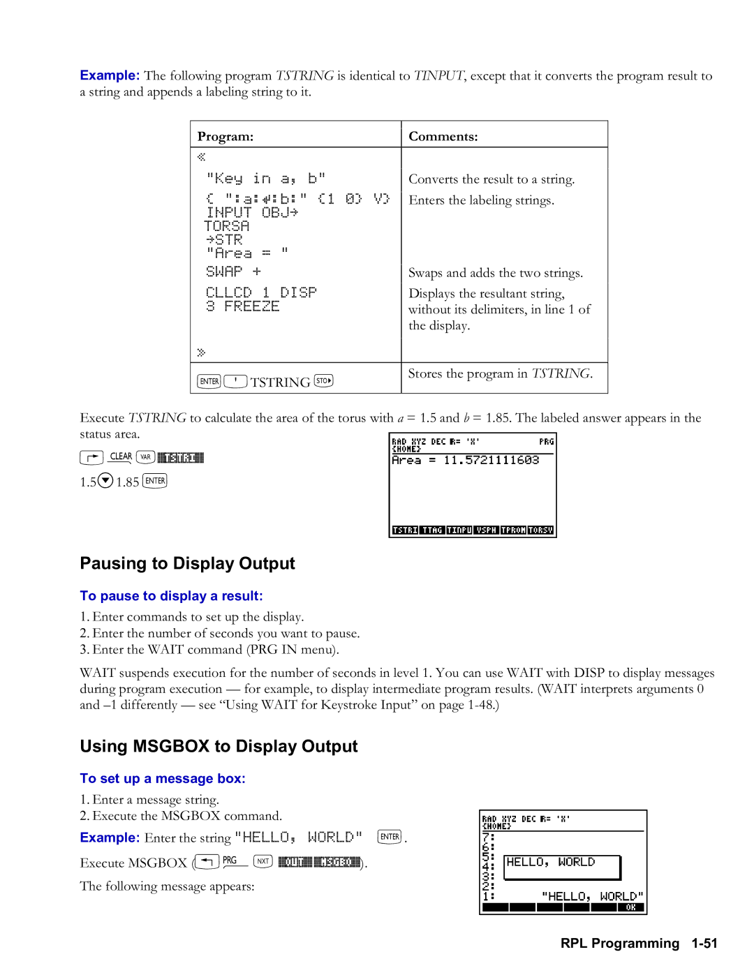 HP 48gII Graphing Pausing to Display Output, Using Msgbox to Display Output, `Otstring ‰, To pause to display a result 