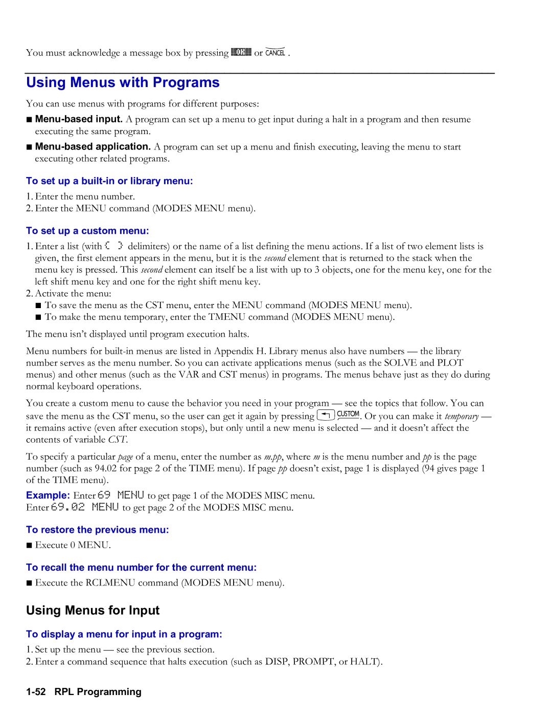 HP 50g Graphing, 48gII Graphing manual Using Menus with Programs, Using Menus for Input 