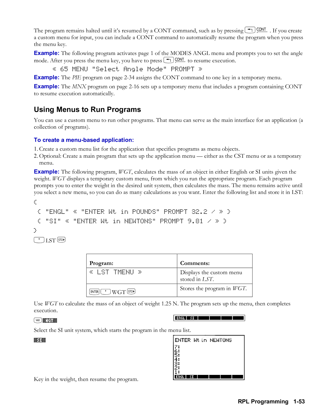 HP 48gII Graphing, 50g Graphing manual Using Menus to Run Programs, To create a menubased application, Olst ‰, Si% 