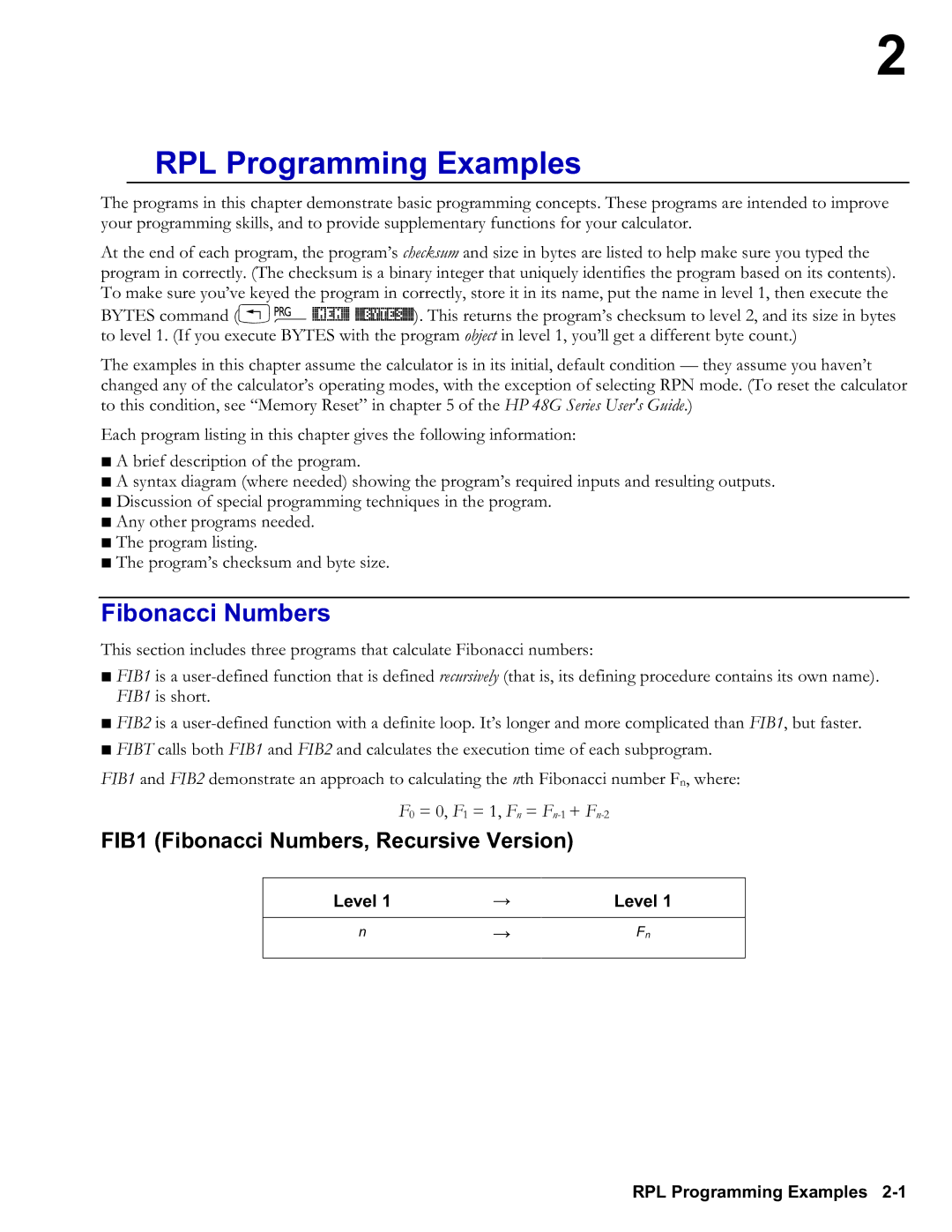 HP 48gII Graphing, 50g Graphing manual FIB1 Fibonacci Numbers, Recursive Version, RPL Programming Examples 