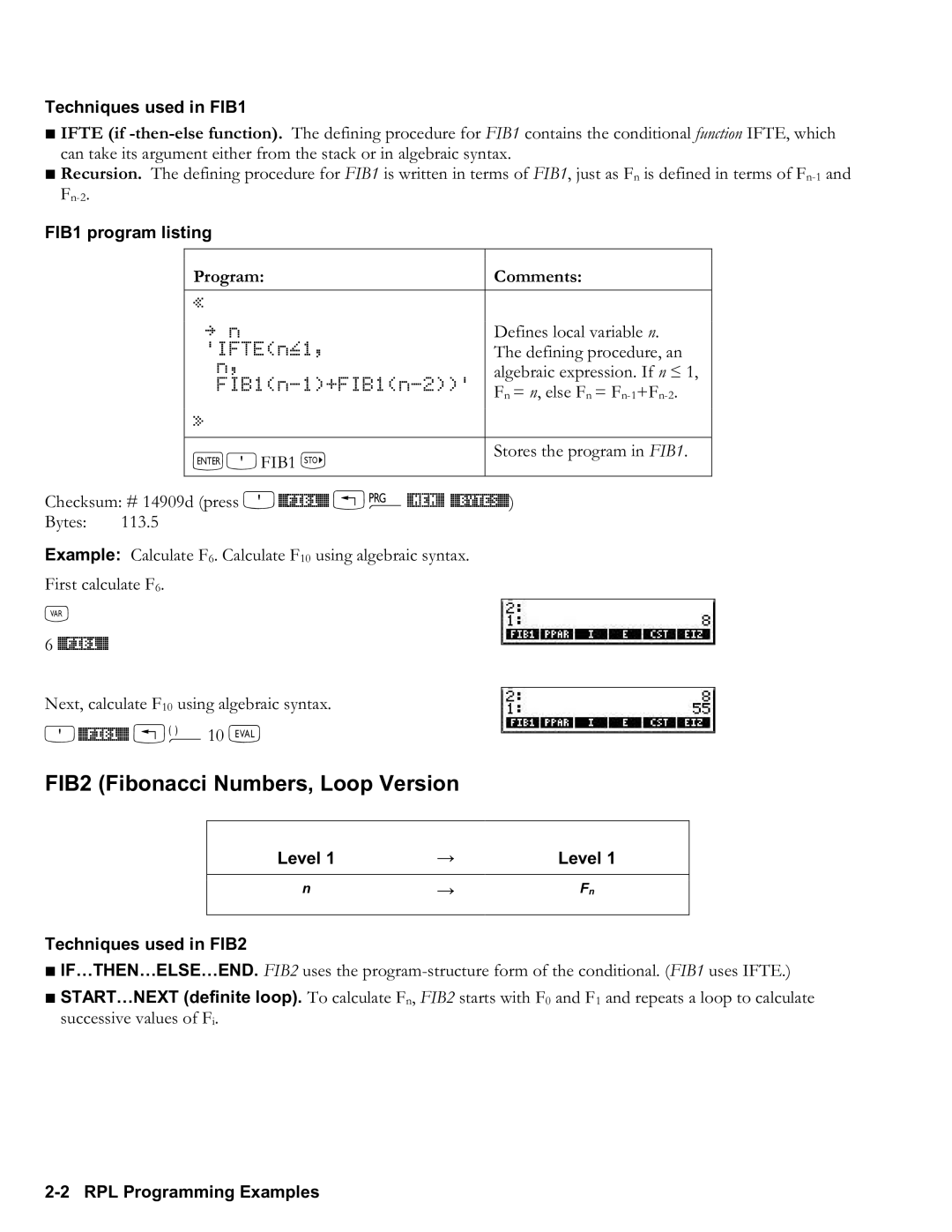 HP 50g Graphing, 48gII Graphing manual FIB2 Fibonacci Numbers, Loop Version, FIB1% !Ü10 N 