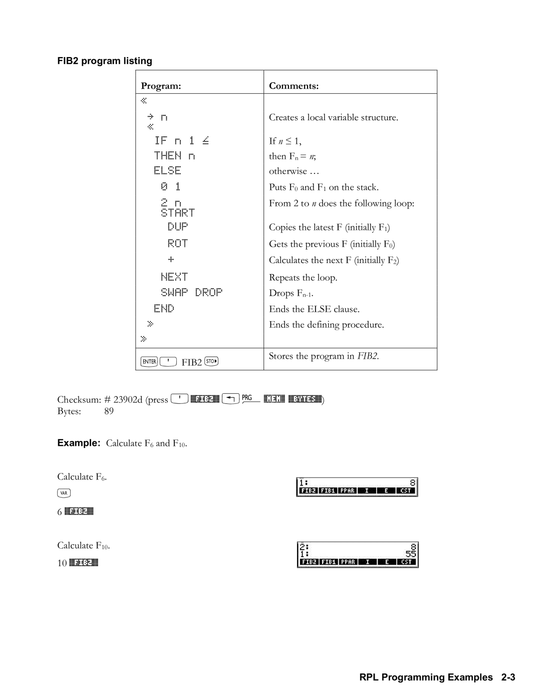 HP 48gII Graphing, 50g Graphing manual FIB2 program listing, 10 %FIB2% 