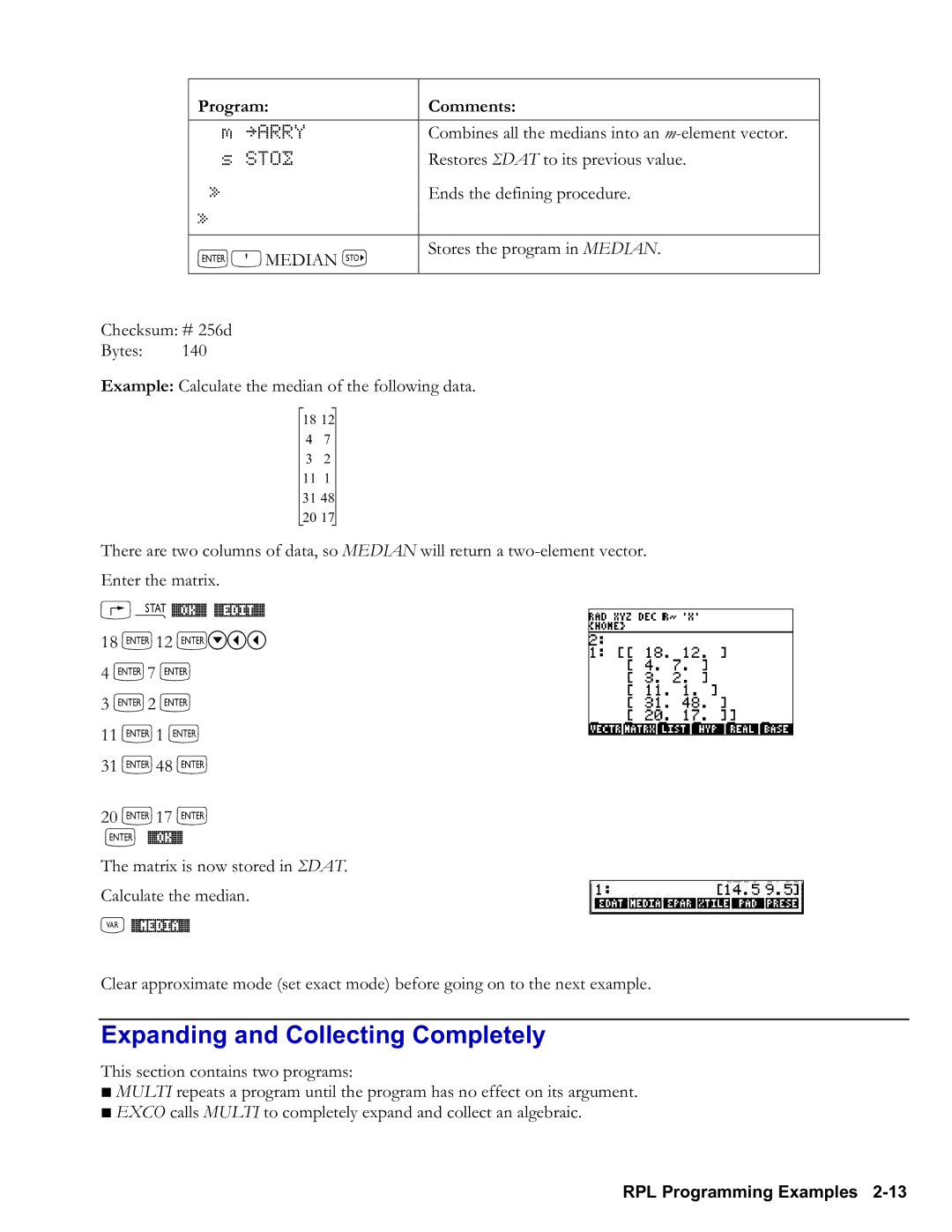 HP 48gII Graphing, 50g Graphing manual Expanding and Collecting Completely, `Omedian K, 18 `12 `˜šš, 11 `1 `, ` %Ok% 