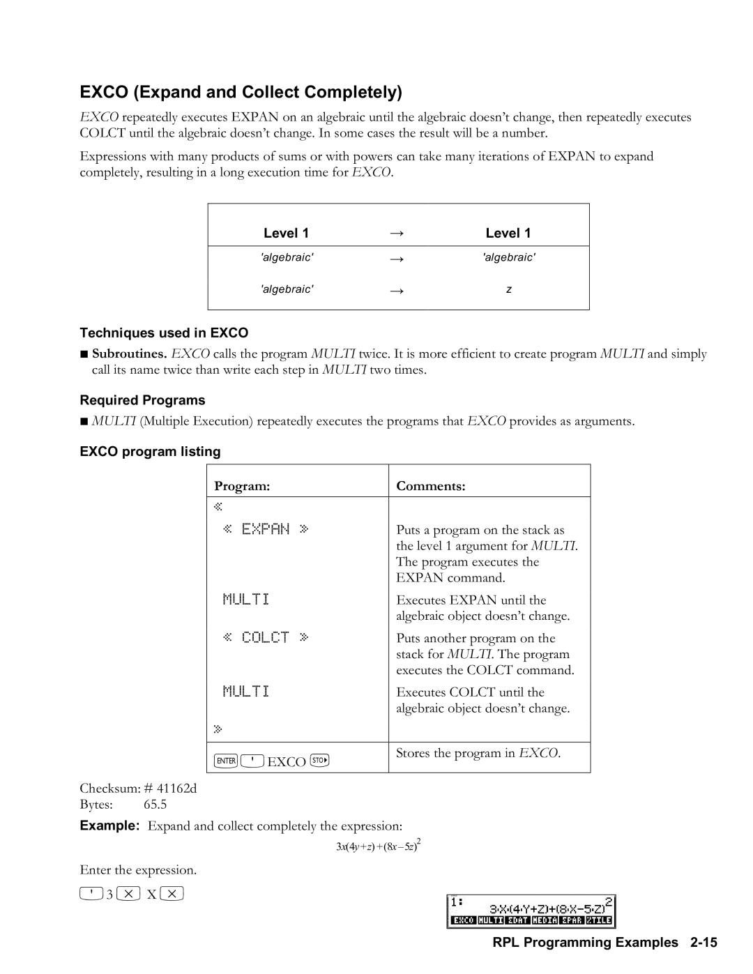 HP 48gII Graphing manual Exco Expand and Collect Completely, Techniques used in Exco, Exco program listing, `Oexco K 