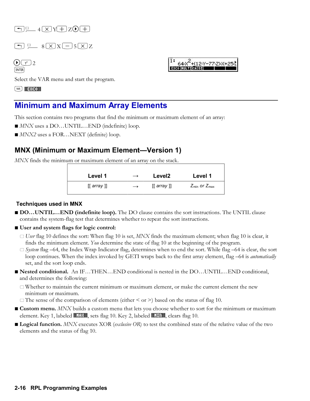 HP 50g Graphing, 48gII Graphing manual Minimum and Maximum Array Elements, MNX Minimum or Maximum Element-Version, Ü4 *Y+Z + 