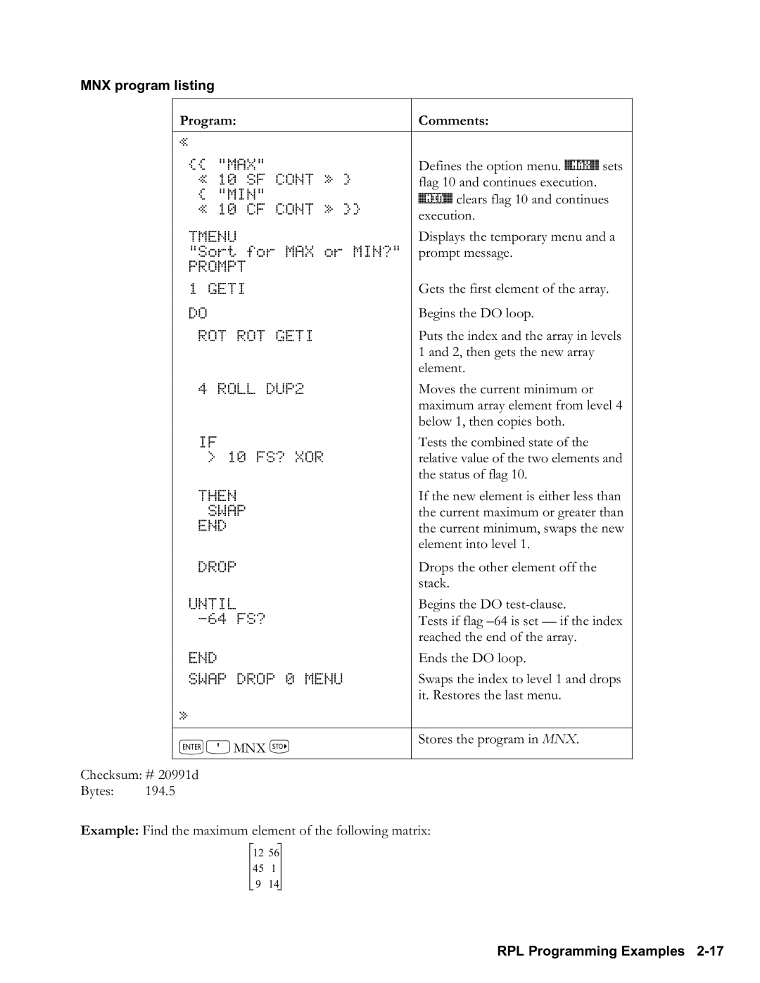 HP 48gII Graphing, 50g Graphing manual MNX program listing, `Omnx K 