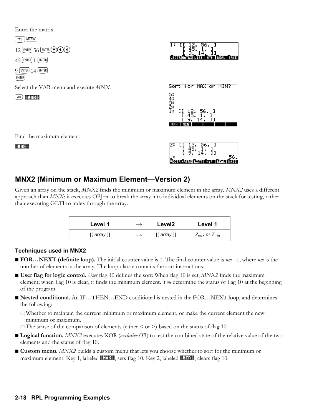 HP 50g Graphing, 48gII Graphing manual MNX2 Minimum or Maximum Element-Version, 12 `56 `˜šš 45 `1 `, Techniques used in MNX2 