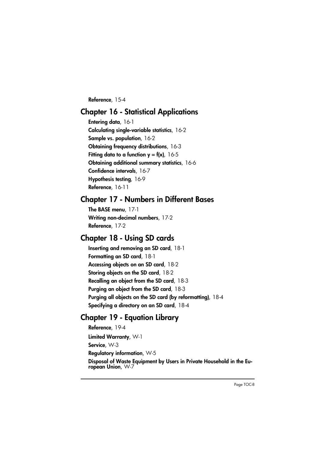 HP 50g manual Statistical Applications, Numbers in Different Bases, Using SD cards, Equation Library 