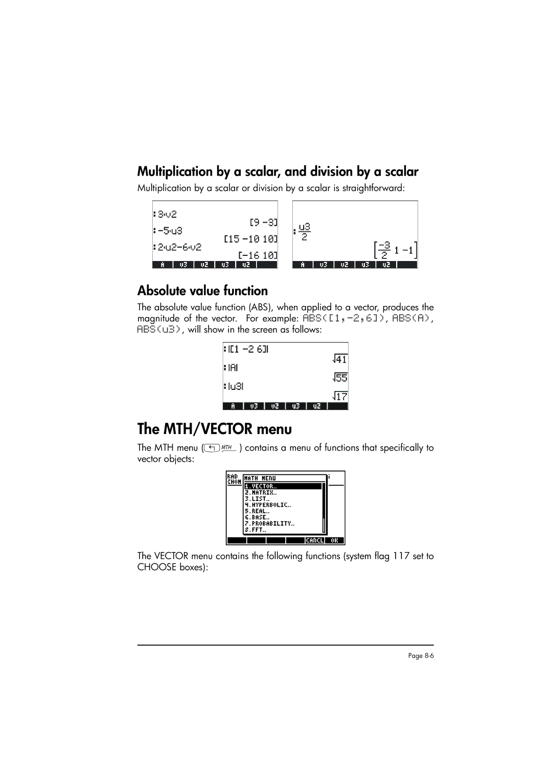 HP 50g manual MTH/VECTOR menu, Multiplication by a scalar, and division by a scalar, Absolute value function 