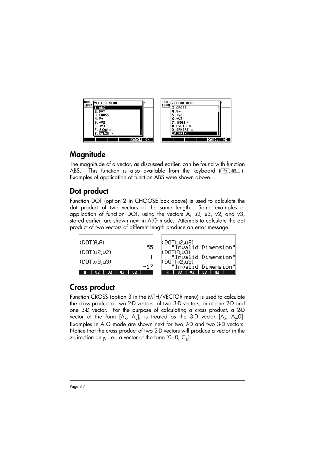 HP 50g manual Magnitude, Dot product, Cross product 