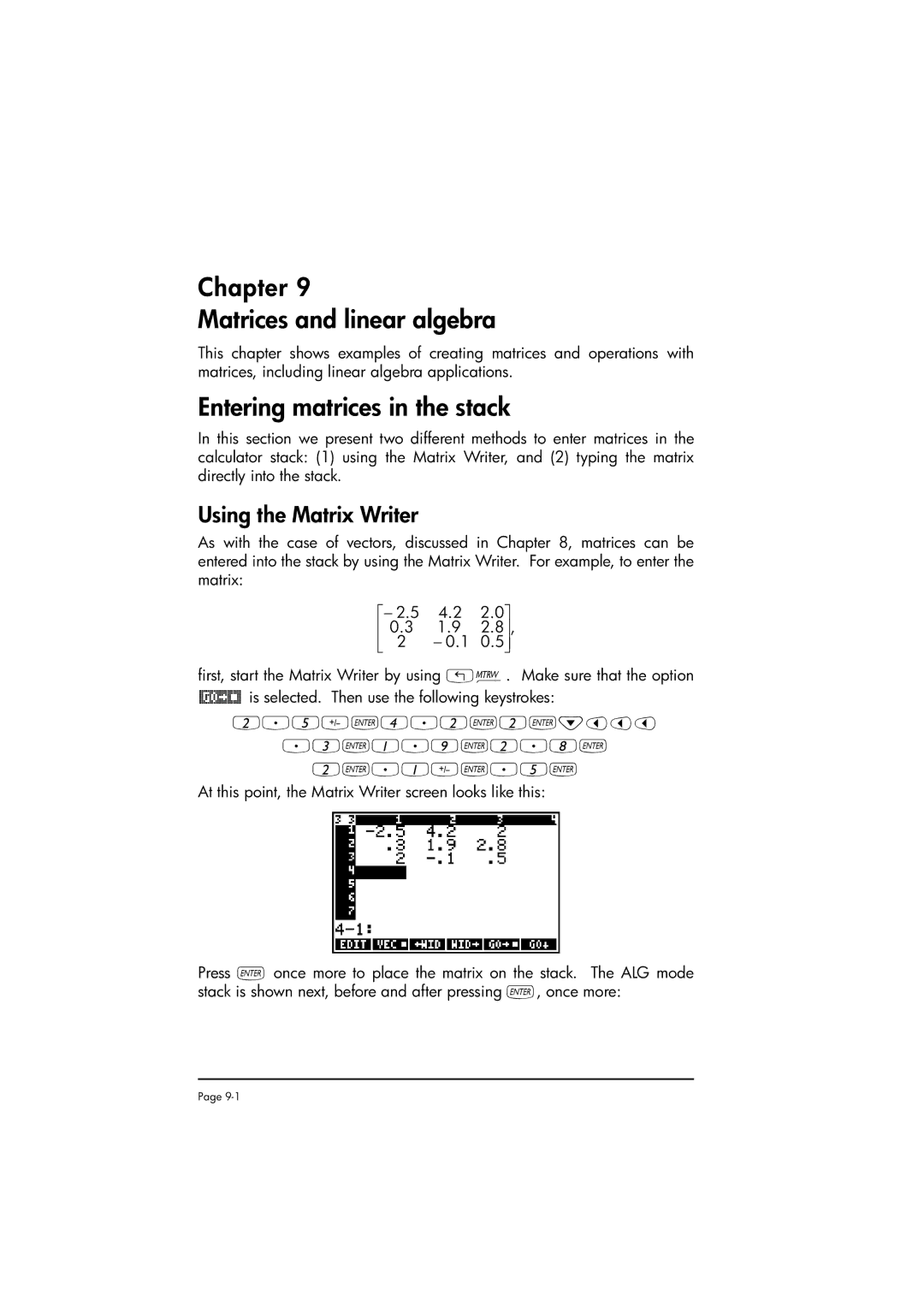 HP 50g manual Chapter Matrices and linear algebra, Entering matrices in the stack, Using the Matrix Writer 