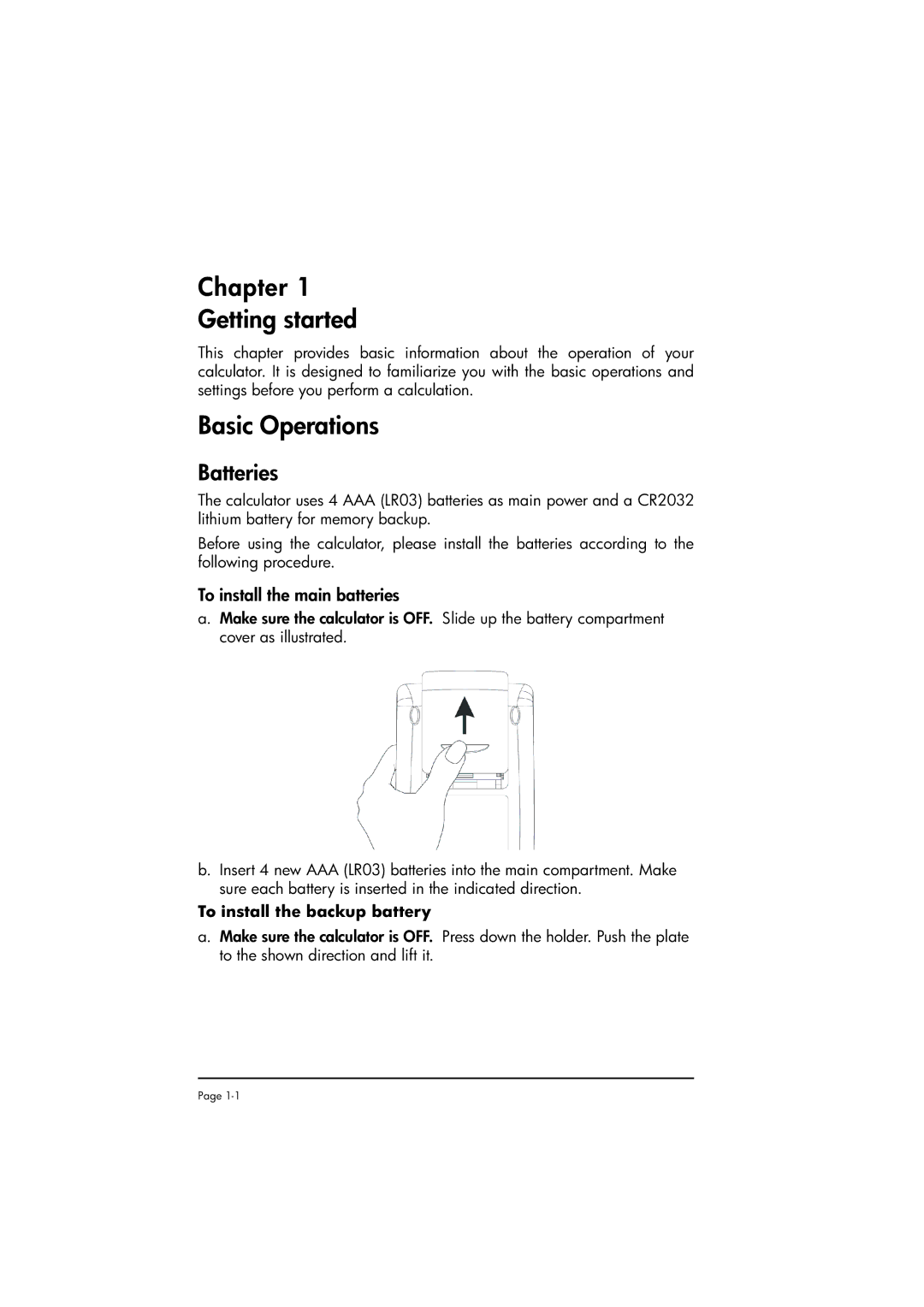 HP 50g manual Chapter Getting started, Basic Operations, Batteries 