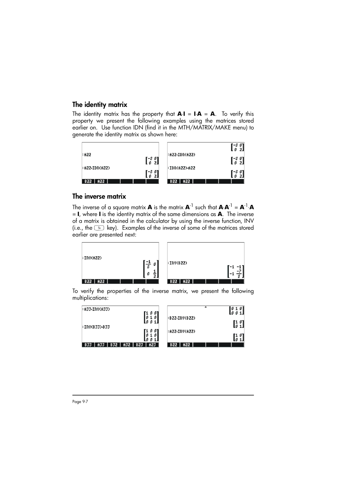 HP 50g manual Identity matrix, Inverse matrix 