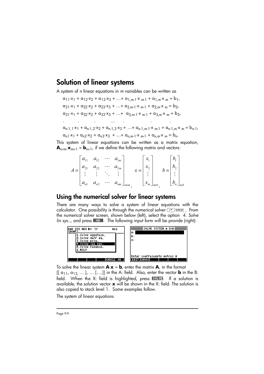 HP 50g manual Solution of linear systems, Using the numerical solver for linear systems 