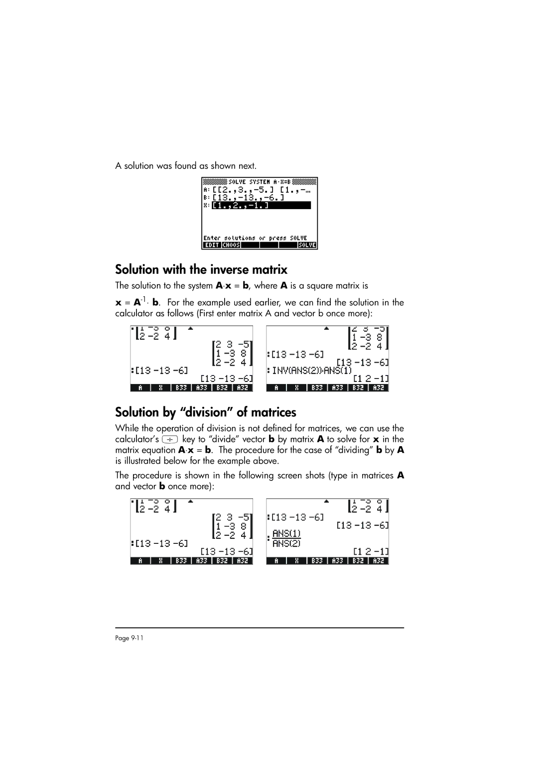 HP 50g manual Solution with the inverse matrix, Solution by division of matrices 