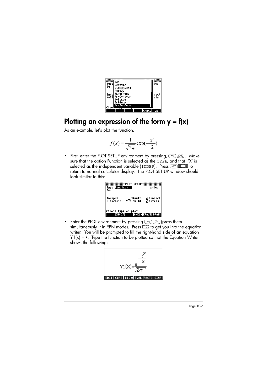 HP 50g manual Plotting an expression of the form y = fx, = 1 exp− x 