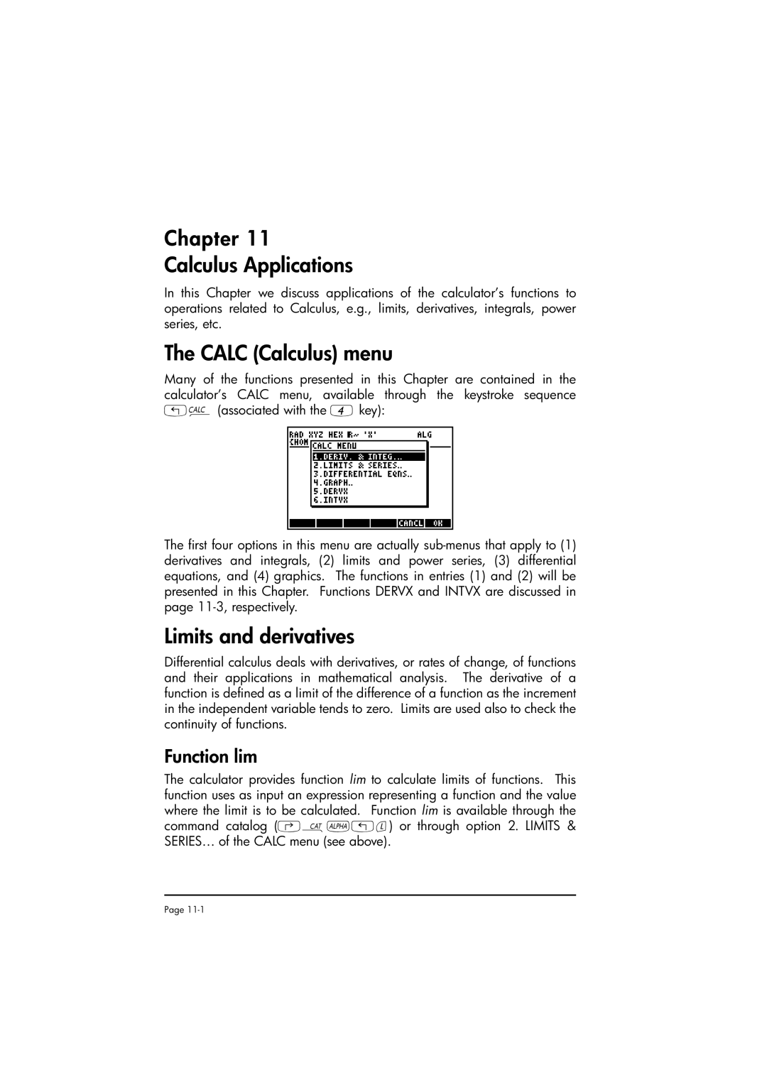 HP 50g manual Chapter Calculus Applications, Calc Calculus menu, Limits and derivatives, Function lim 