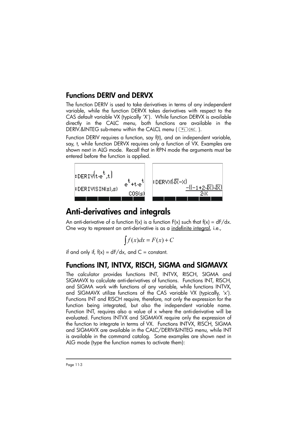 HP 50g manual Anti-derivatives and integrals, Functions Deriv and Dervx, Functions INT, INTVX, RISCH, Sigma and Sigmavx 