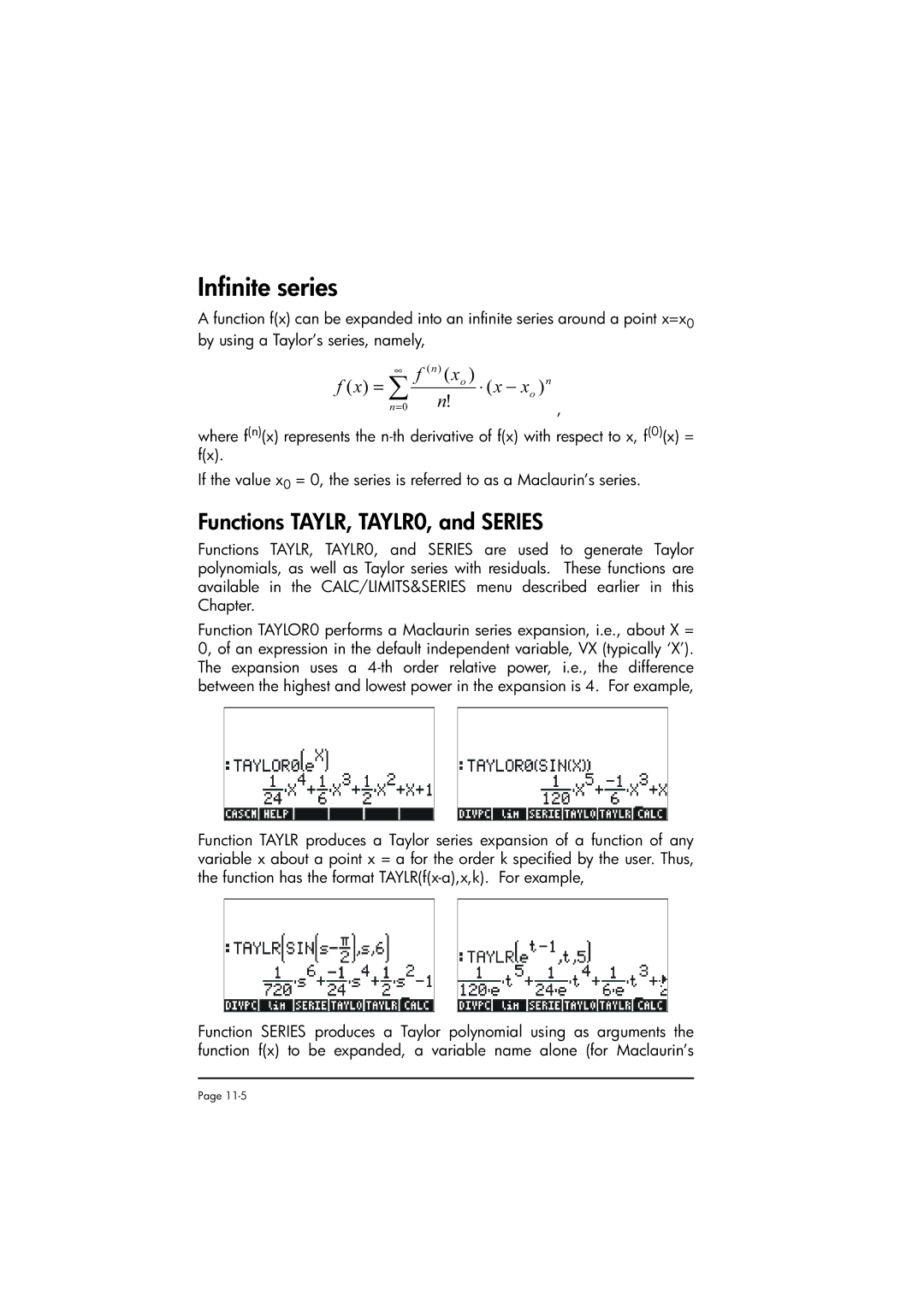 HP 50g manual Infinite series, Functions TAYLR, TAYLR0, and Series, = ∑ 