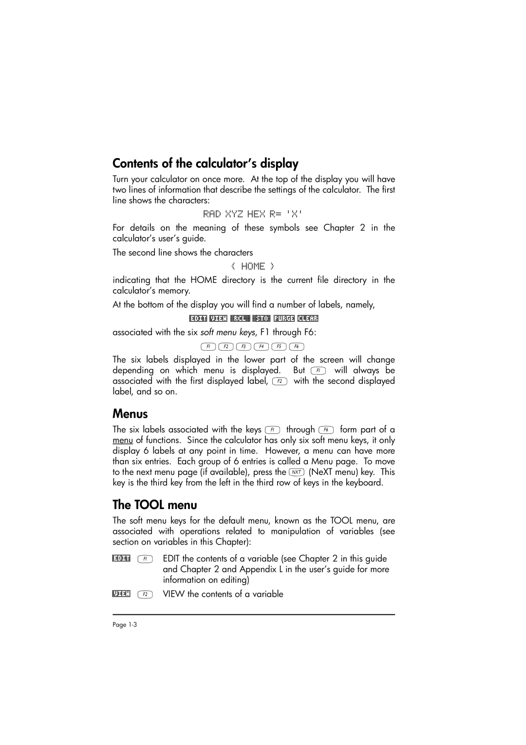 HP 50g manual Contents of the calculator’s display, Menus, Tool menu 