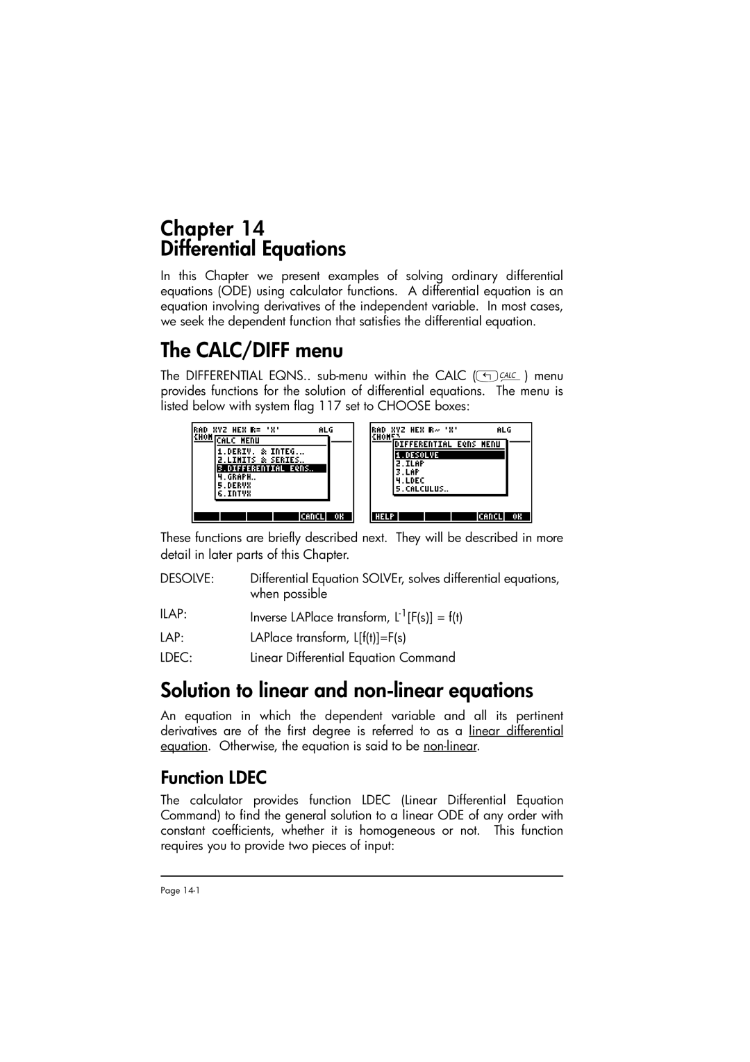 HP 50g manual Chapter Differential Equations, CALC/DIFF menu, Solution to linear and non-linear equations, Function Ldec 