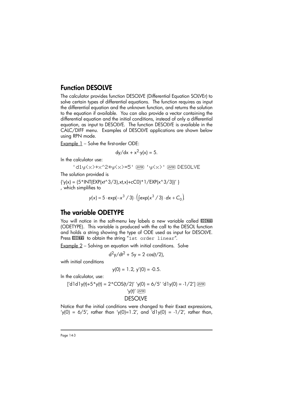 HP 50g manual Function Desolve, Variable Odetype 