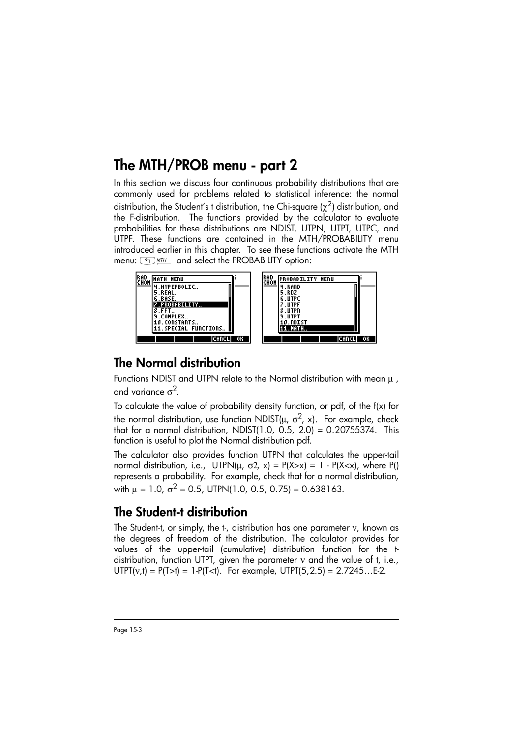 HP 50g manual MTH/PROB menu part, Normal distribution, Student-t distribution 